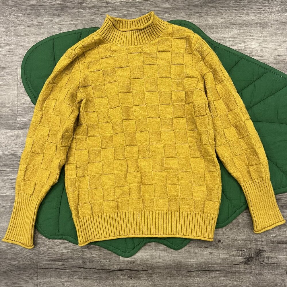 ModCloth Sweater Womens Small Gold Check Weave Mock Neck Pullover - Picture 1 of 7
